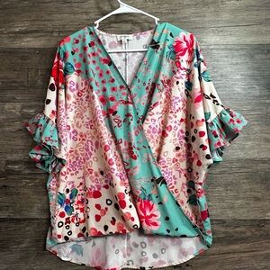 Umgee Green and Pink Flutter Sleeve Wrap Blouse